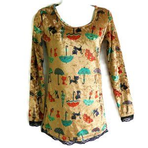 Kitty Cat Pullover Scoop Velour Lace Tan Halloween Umbrella Long Sleeve Stretch